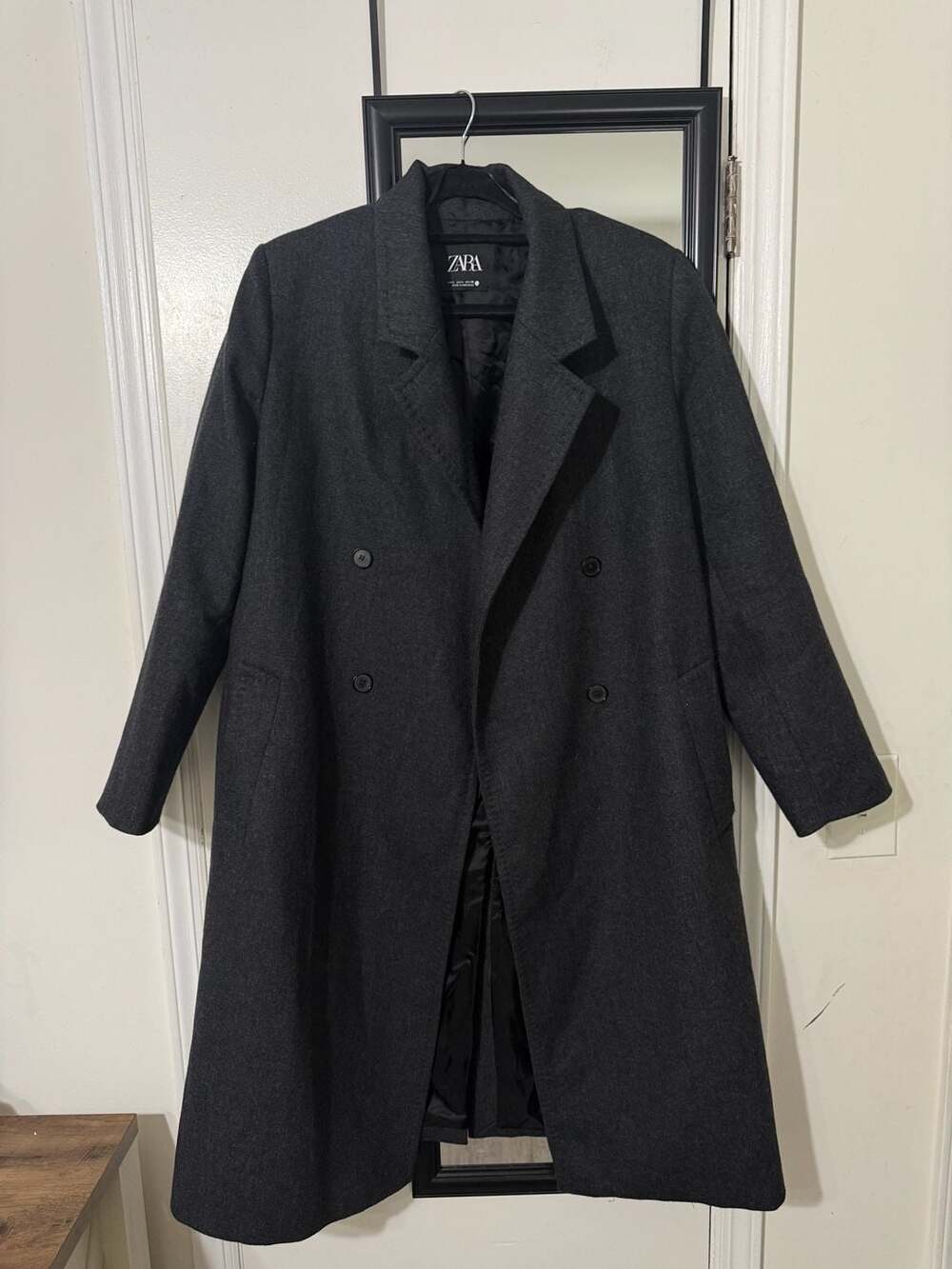 Zara Double Breasted Wool Blend Coat Size L Dark Grey